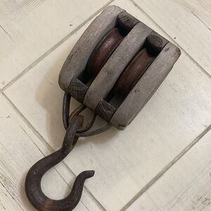 Vintage pulley double block and tackle wood iron cast hook